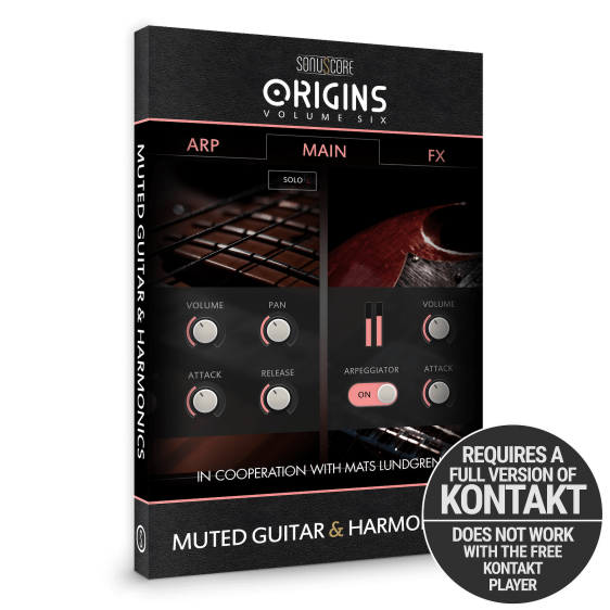 Origins Volume Six: Muted Guitar and Harmonics by Sonuscore - modern guitar arpeggios - Product Packshot | Requires Full Version of Native Instruments Kontakt
